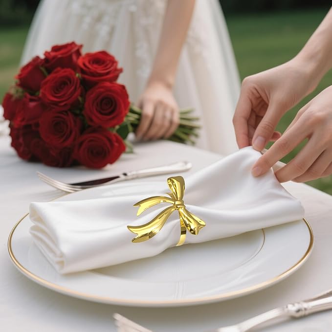 Bow Napkin Rings Set of 12 Shiny Gold Metal Bow Napkin Holders - Image 7