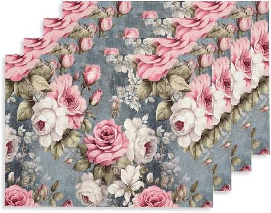 12"x18" Pink White Rose Florals Grey Vintage Flowers Placemats Set of 4 Washable Thick Place Mats Kitchen Table Mats Decorative Linen Fabric Table Mat for Dining Table Kitchen Home Decor