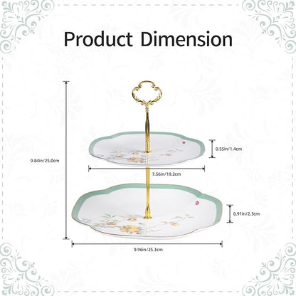 KAMMAK 2-Tier Porcelain Cupcake Stand Serving Tray, Dessert Plates Cake Fruit Candy Display Tower, Reusable Pastry Platter for Wedding Birthday Baby Shower Tea Party Decorations (Reed Green)