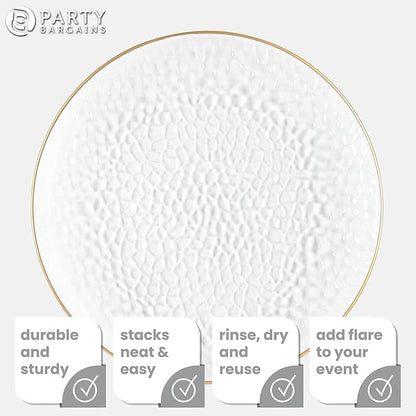 PARTY BARGAINS 13-Inch Charger Plates - 8 Pack, Hammered Clear Gold Rim, Heavy-Duty Disposable Chargers for Elegant Dining - Ideal for Weddings and Formal Events