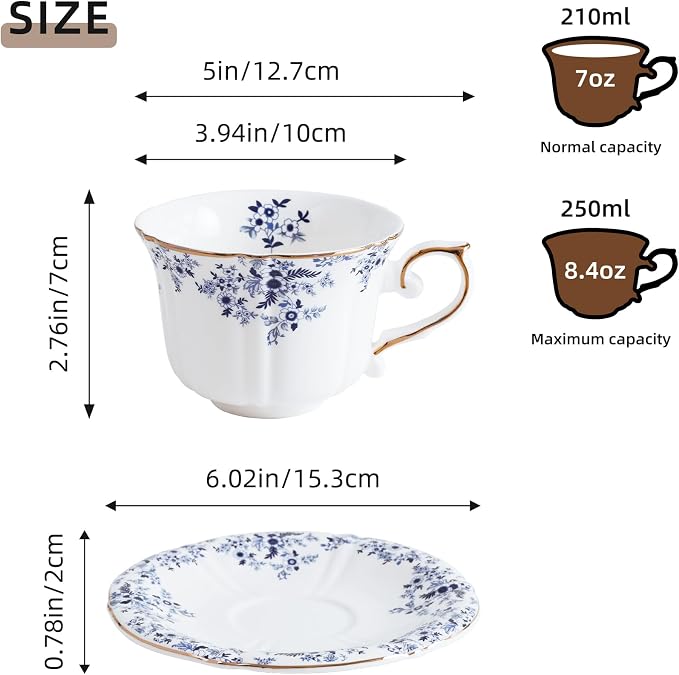 Ceramic Floral Cups with Saucers，7 oz Espresso Cups - Image 2