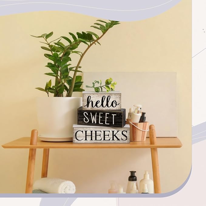 Moucuny 4 Pcs Bathroom Shelf Decor Hello Sweet Cheeks Sign Farmhouse Bathroom - Image 7