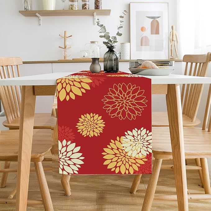 Red Yellow Table Runner Merry Christmas New Year Dahlia Pinnata Flower Beige - Image 2
