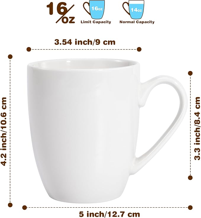 Urbanstrive 16 oz Large Coffee Mugs Set of 6 Ceramic Coffee Mug White Coffee - Image 2