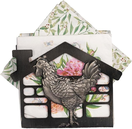 Metal Napkin Holder for Table, Antique Rooster Decorative Farm Style, Rustic Vertical Tissue Paper Napkins Holder for Paper Napkins (Rooster/Black)