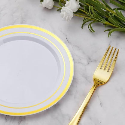 Goodluck 120PCS 7" Gold Dessert Plastic Plates with 7.4" Forks, Gold Appetizer Plates for 60 Guests, Including 60 Disposable Cake Plastic Plates and 60 Forks for Wedding/Birthday/Christmas Party
