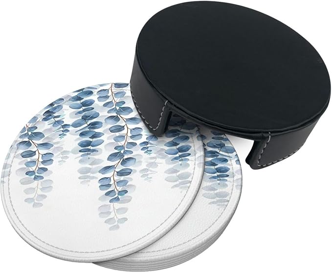 6 Pcs Eucalyptus Leaves Bath Mat Blue Leaf Plant Botanical Leather Coasters - Image 5