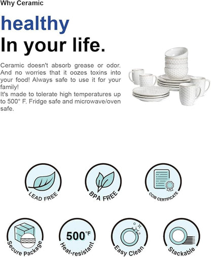 LE TAUCI 16 Piece Dinnerware Set, Arctic White, Stoneware Plates and Bowls With Mugs, Ideal for 4, Serve for 4, Stackable, Lead and Cadmium Free