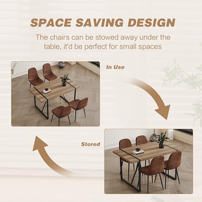 4 Chair Dining Table Set，Dinner Table Set for 4，55'' Kitchen Table and Suede Nap Fabic Chairs Set of 4, 5 Piece Dining Table Set for Kitchen Dining Room