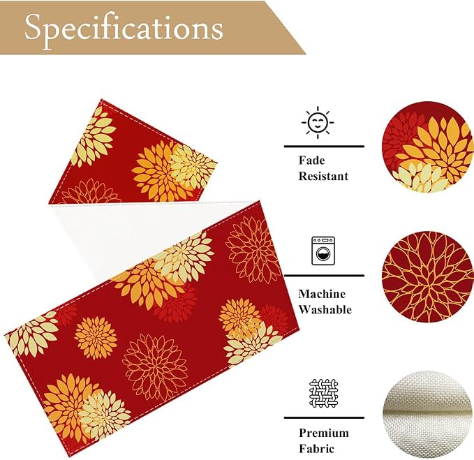 Red Yellow Table Runner Merry Christmas New Year Dahlia Pinnata Flower Beige - Image 4