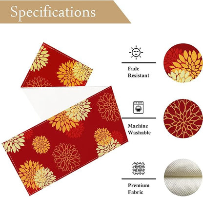 Red Yellow Table Runner Merry Christmas New Year Dahlia Pinnata Flower Beige - Image 4