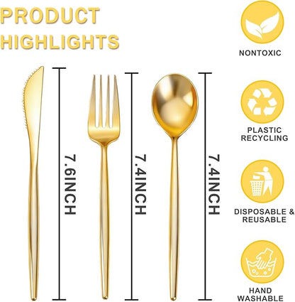 Rubtlamp 90Pcs Gold Plastic Silverware, Gold Disposable Utensils, Plastic Cutlery Include 30 Plastic Knives, 60 Forks and Spoons, Fancy Plastic Silverware Heavy Duty for Party