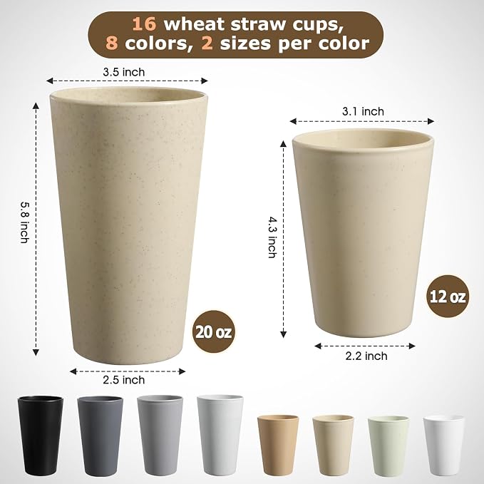 HEYCOME Set of 16 Wheat Straw Cups, Reusable Plastic Cups Sets, Water Glasses - Image 2