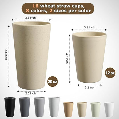 HEYCOME Set of 16 Wheat Straw Cups, Reusable Plastic Cups Sets, Water Glasses - Image 2