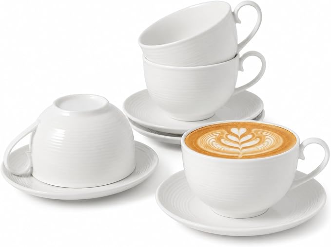 Porcelain Cappuccino Cups with Saucers, 4-Piece Coffee Cup Set | Glossy by Unknown