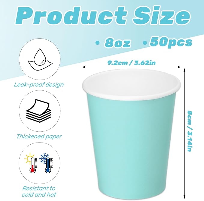 50 Pack 8 oz Disposable Paper Cups, Paper Coffee Cups-Light Blue | Beverage Cups - Image 2