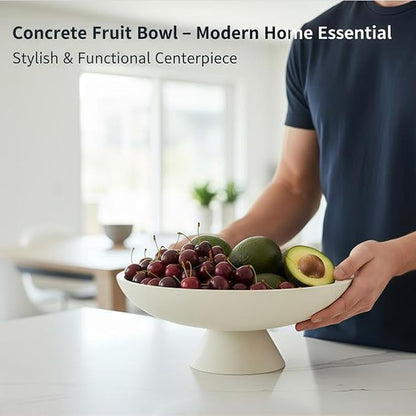 12" White Concrete Fruit Bowl - Modern Minimalist Concrete Decorative Bowl for Kitchen Counter, Living Room Coffee Table Storage