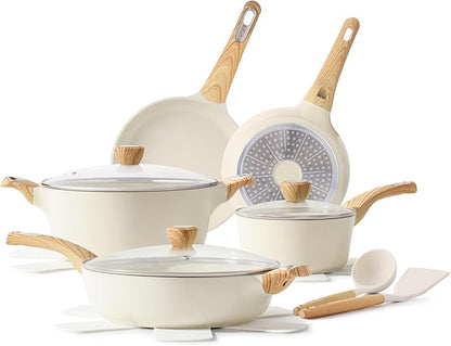 SENSARTE 14-Piece Ceramic Non Stick Induction Cookware Set, Non Toxic Healthy Non Stick Kitchen Cooking Pots and Frying Pans Set, PFAS PTFE PFOA PFOS Free, Ceramic White