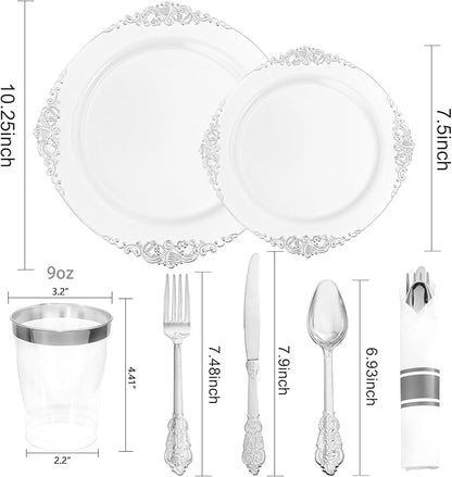 Liacere 350PCS Silver Plastic Plates&Pre Rolled Napkins for 50 Guests - Plastic Dinnerware Sets 100Silver Disposable Plates, 150Silver Silverware, 50Cups and 50Napkins for Christmas