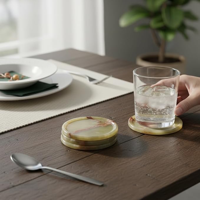 Marble Coasters Set of 6 Green 3.5 Inch Round Stone Coaster - Image 4