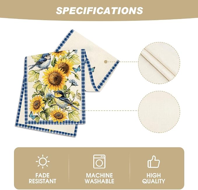 Artoid Mode Buffalo Plaid Bird Butterfly Sunflower Spring Table Runner - Image 5