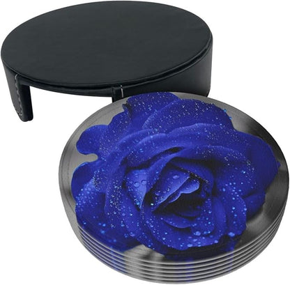 6 Pcs Blue Rose Flower Leather Coasters - Image 4