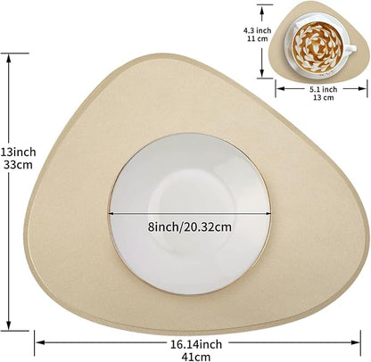 Faux Leather Placemats Set of 2 and Coasters, Heat Resistant Placemats for Dining Table, Waterproof Wipeable Washable Dinner Table Mats, Easy to Clean Kitchen Place Mats Romantic Golden