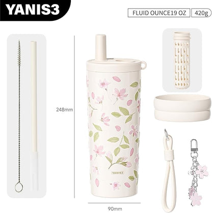 18.5 oz Thermo Cup with Straw, Floral Embossed Designed Car Cup, Vacuum - Image 2