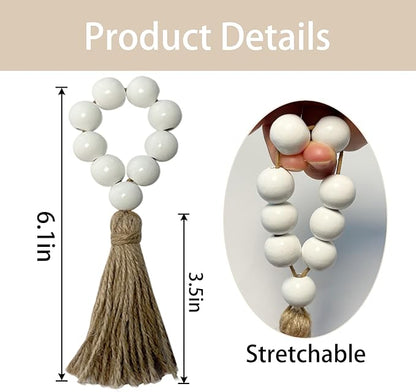 Napkin Rings Set of 12,Wooden Napkin Ring,Wood Bead Elastic Farmhouse Napkin Holder with Tassel,Boho Napkin Rings for Table Decor,Weeding,Dinner,Party (White)