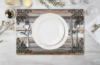Vinyl Rectangular Placemats Set of 4 - Non Slip Place Mats Ideal for Indoor and Outdoor Dining Table - Washable and Heat Resistant Table Mat for Kitchen Tables (Live Laugh Love)