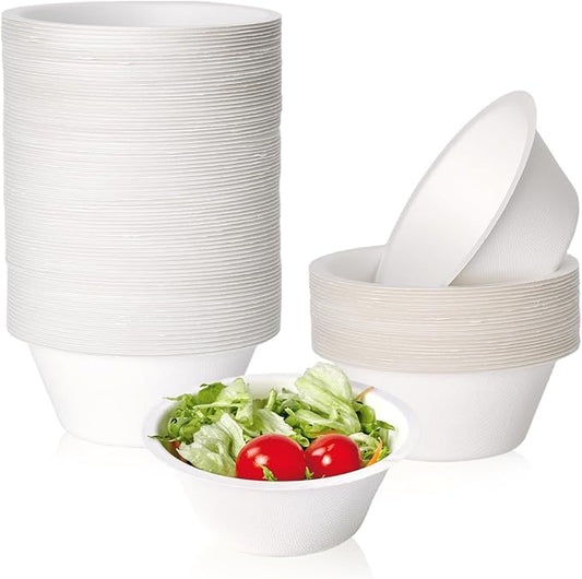 ECOLipak 150 Pack Compostable Paper Bowls, 8 oz Heavy-Duty Disposable Biodegradable Soup Bowls Made of Natural Bagasse, Suitable for Salad, Dessert, Milk, Cereals