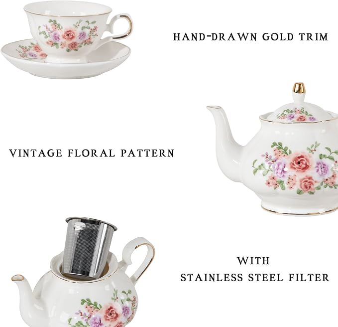 Sweejar Porcelain Tea Set Vintage Floral, British Relief Gold Rim Teapot Cup - Image 2