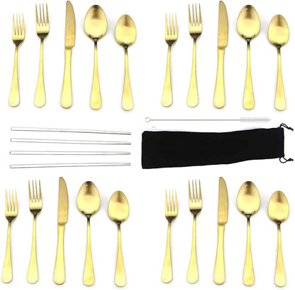 JASHII Modern Royal 20 Pcs Matte Gold 18/10 Stainless Steel Utensils Cutlery Dinnerware Set w/ 4 Pcs Straw, Knife Fork and Spoon Flatware Set for Wedding Festival Christmas Party Service for 4