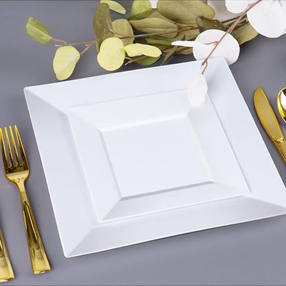 Goodluck 60 Pack Disposable Square Plastic Plates - Heavy Duty Dinner (9.5") & Dessert (6.5") Plates - Fancy for Wedding, Holiday, Birthday - White