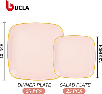 bUCLA 50PCS Pink and Gold Plastic Plates - Heavy Duty Square Pink Disposable - Include 25 Dinner & 25 Dessert Plates for Party & Valentines Day