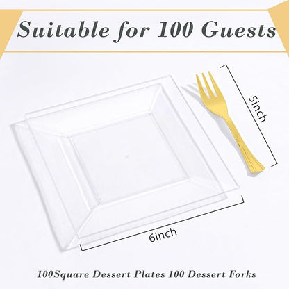 200pcs Square Dessert Plates Includ 100pcs 6inch Appetizer Plates,100pcs 5inch Plastic Forks,Clear Dessert Plates Disposable Appetizer Plates Serve 100 Guests For Wedding Party&Valentine's Day