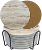 Ceramic Coasters Set of 6, Marble-Textured Design with Holder - Absorbent Cork-Backed Coasters for Cups, Bar & Coffee Table Decor Accessories (Khaki Marble, 8 Pack-Thin)