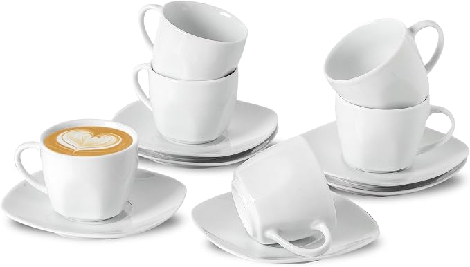 6.5 Ounce Porcelain Espresso Cups and Saucers Set of 6, Ceramic Cappuccino by fMBB