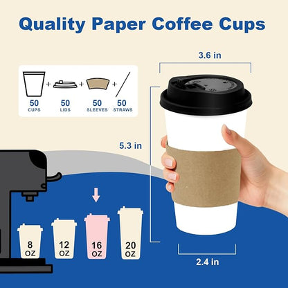 16 oz 50 Pack Coffee Cups with Lids and Sleeves, Hot Disposable To Go Travel - Image 3