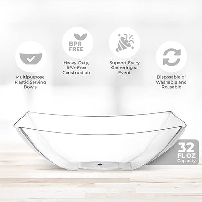 Posh Setting - Clear Plastic Serving Bowls for Party (32oz - 4 Pack) Square, Disposable, Salad & Fruit Bowls for Party Table, Candy Containers for Candy Buffet