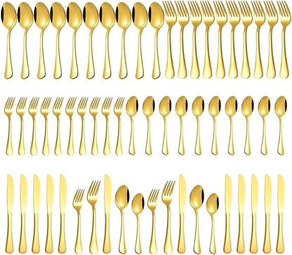 Gold Silverware Set for 12, Compralo 60 Pieces Stainless Steel Shiny Gold Flatware Set, Cutlery Tableware Set Include Spoons, Forks, Knives for Home and Restaurant