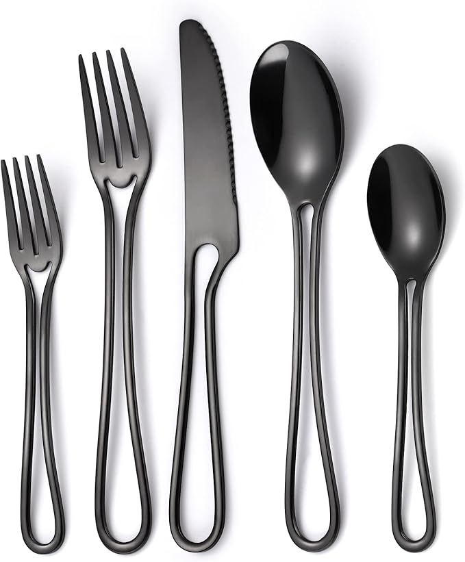 Black Silverware Set for 8, Modern 40 Piece Flatware Stainless Steel Hanging by MetalServingUtensils