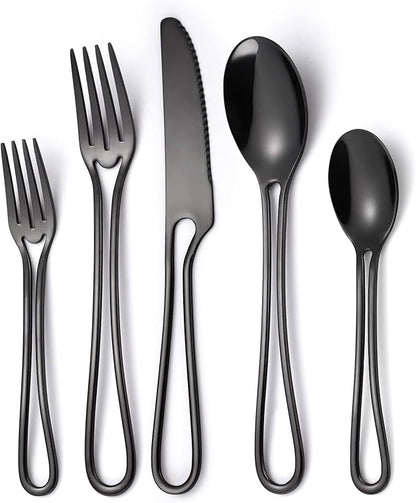Black Silverware Set for 8, Modern 40 Piece Flatware Stainless Steel Hanging by MetalServingUtensils