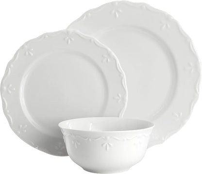 Elama Henryi 18 Piece Embossed Rim Detail Porcelain White Dinnerware Set - Image 2
