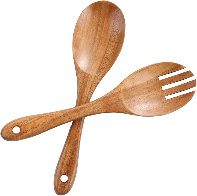 Acacia Wood Salad Server Set, Serving Utensils 10.4 Inch | Wooden Spoon and by MAXCOOK