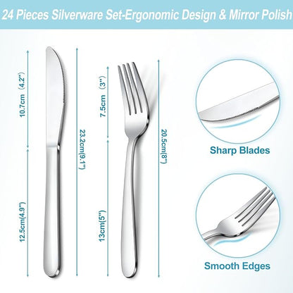 24-Piece Forks and Knives Set for 12, Food-Grade Stainless Steel Silverware Set - Image 2