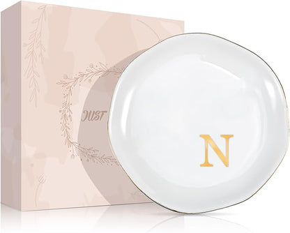 ProCase Ceramic Jewelry Tray, Initial Ring Dish Trinket Plate Engagement Gift, Small Personalized Monogram Ring Bowl for Wedding, White Decorative Jewelry Holder for Women Vanity -Letter N