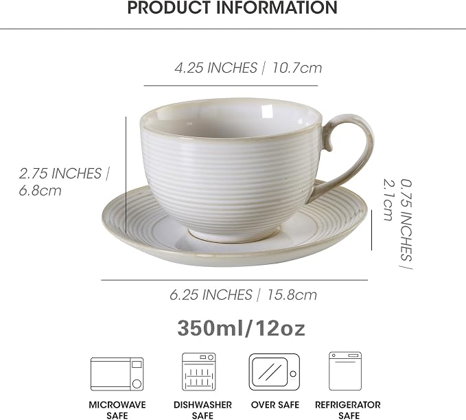 12Oz Coffee Cups with Saucers, Ceramic Espresso Cup Set of 4, Cappuccino Cups - Image 2