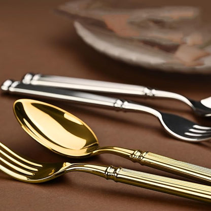 Gold Silverware Set for 6 Flatware Set 24 Pieces Luxury Tableware Set Roman Column Handle Knives and Forks spoons 18/10 Stainless Steel Cutlery Utensil Sets for Home Restaurant Dishwasher Safe