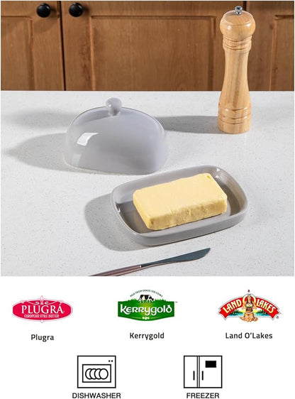 Sweejar Ceramic Butter Dish with Lid for Countertop,Porcelain Butter Keeper with Knob Handle,Butter Container for East/West Coast Butter, 7.3*4.1 inches (Gray)